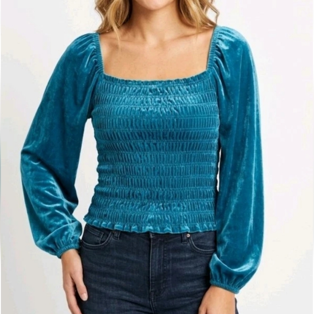 Jodifl Women's Blouse Medium Velvet Smocked Teal Long Sleeve Boho Revival EUC